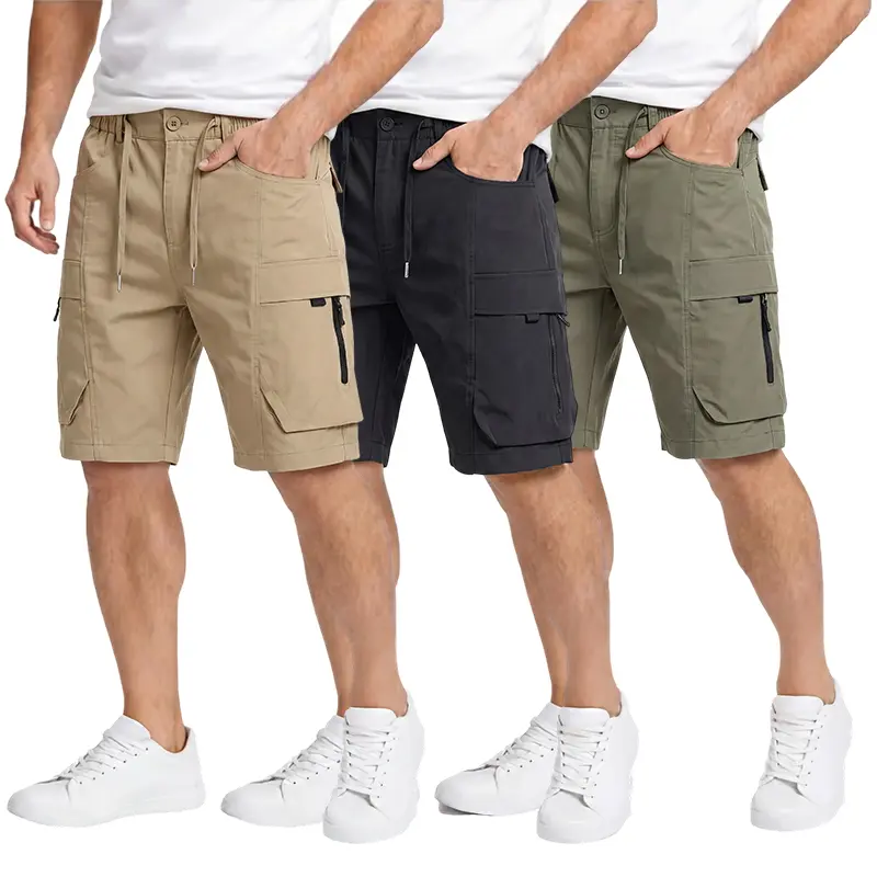 men’s casual cargo shorts with zippered pockets and a buttoned placket