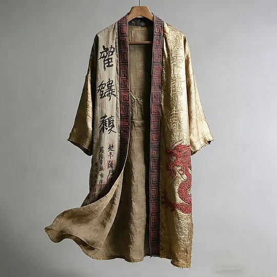 Men's Dragon Pattern Calligraphy and Painting Art Linen Long Kimono