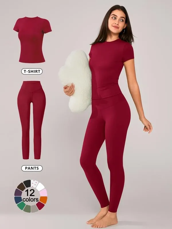 Women's Solid Short Sleeve Tee & Leggings Loungewear, Casual Comfy Round Neck Top & Skinny Pants PJ Set