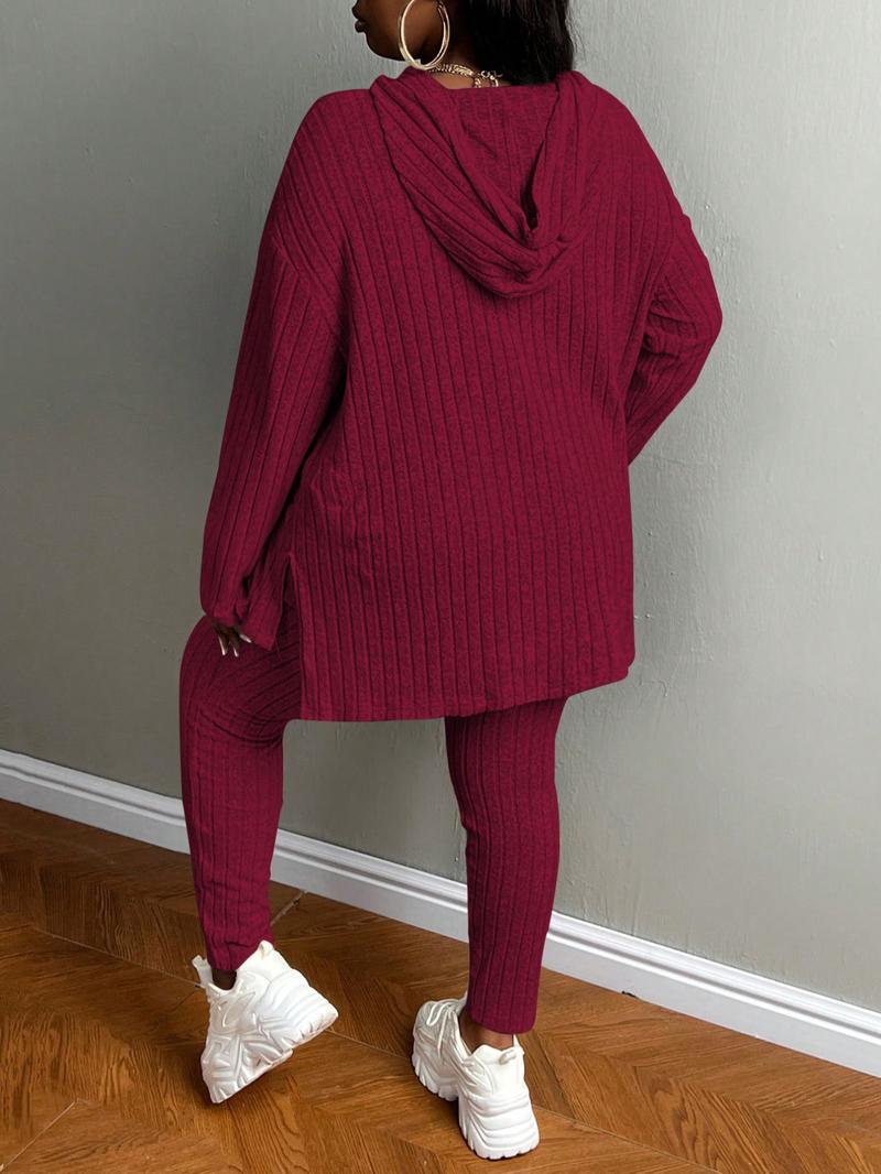 [Plus Size]Women's Two-Piece Set Solid Textured Ribbed Drop Shoulder Hoodie & Elastic Waist Pants, Casual Fashion Cozy Ribbed Outfits