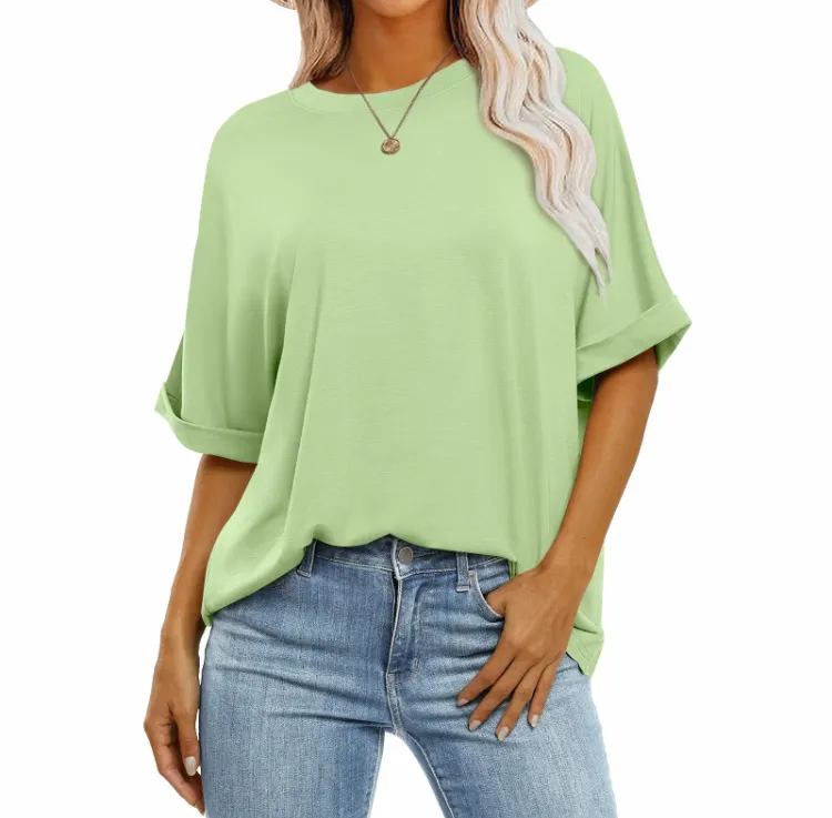 2025 Women's Oversized T-Shirt - Crewneck, Short Roll Sleeves, Relaxed Fit