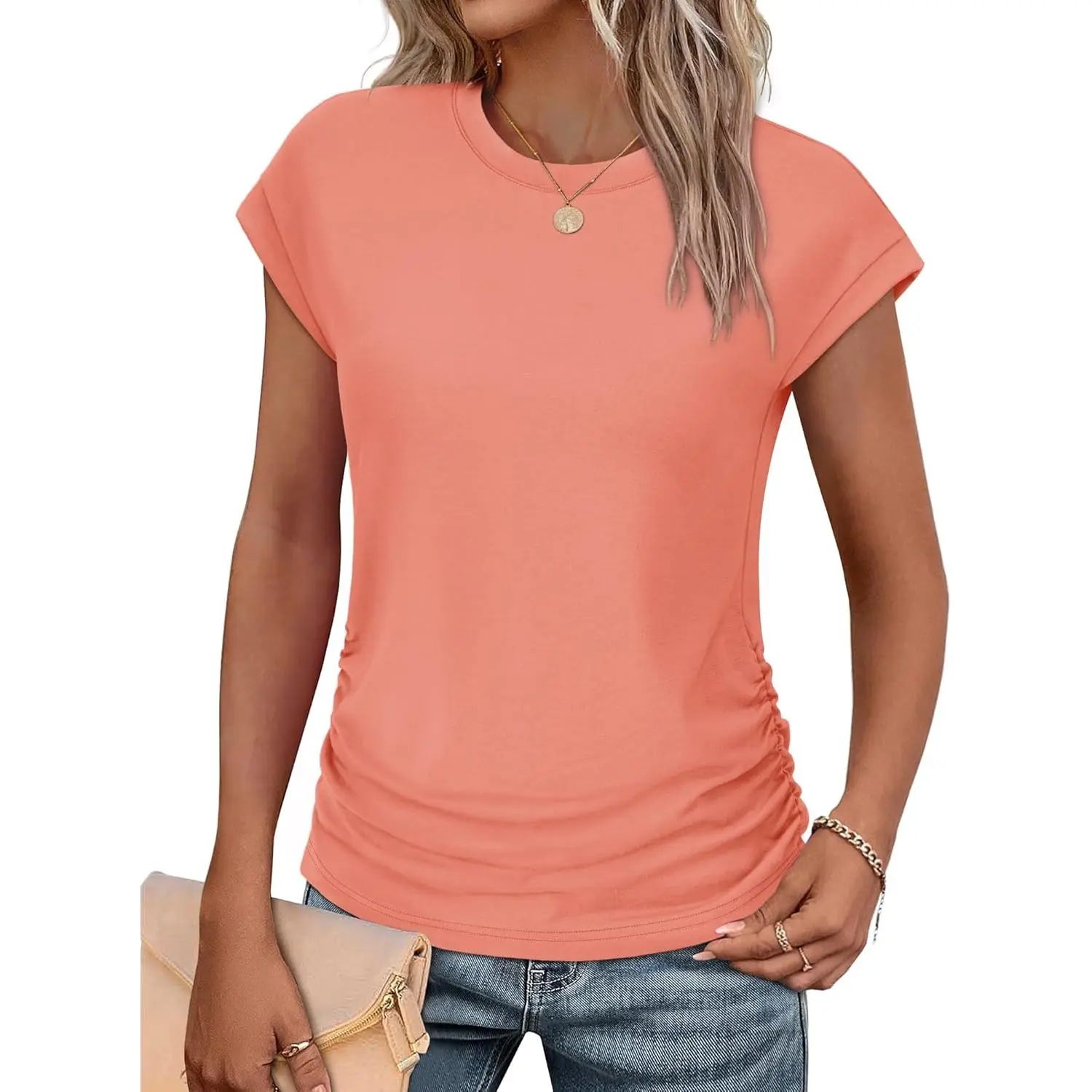 Womens Summer Tops Trendy 2026 Ruched Cap Short Sleeve Tshirts Shirts Crew Neck T Shirts Fashion