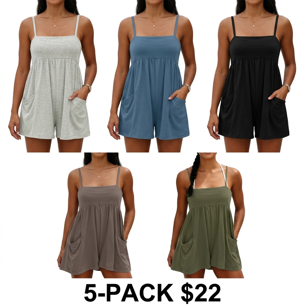 Women's Square Neck Backless Romper – Oversized Cotton Jumpsuit with Pockets & Adjustable Straps