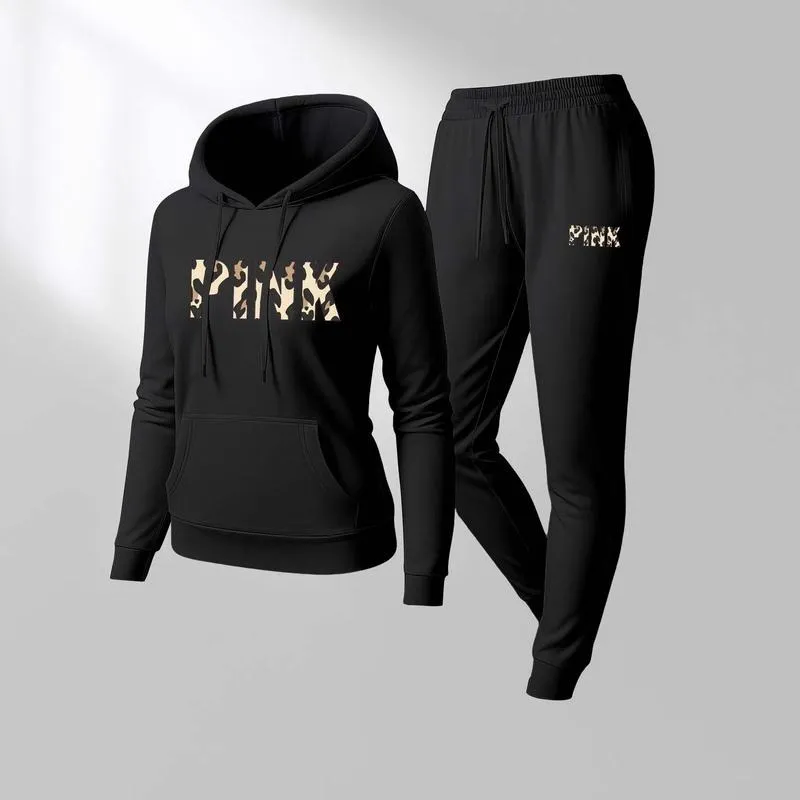 Women's Leopard Pink Print Hoodie & Drawstring Sweatpants Set