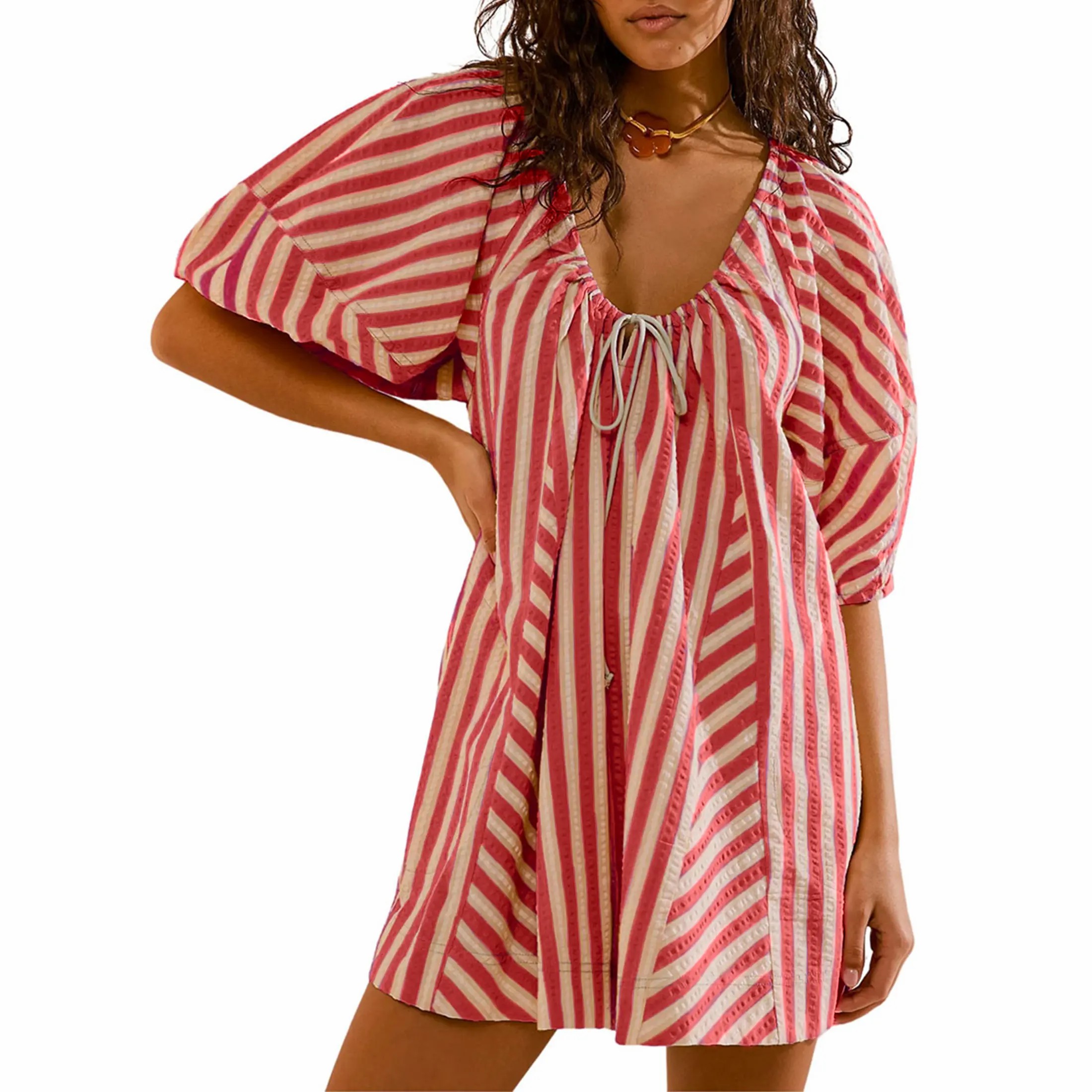 Women's Striped Wide Leg Romper – Puff Sleeve Loose Jumpsuit with Pockets