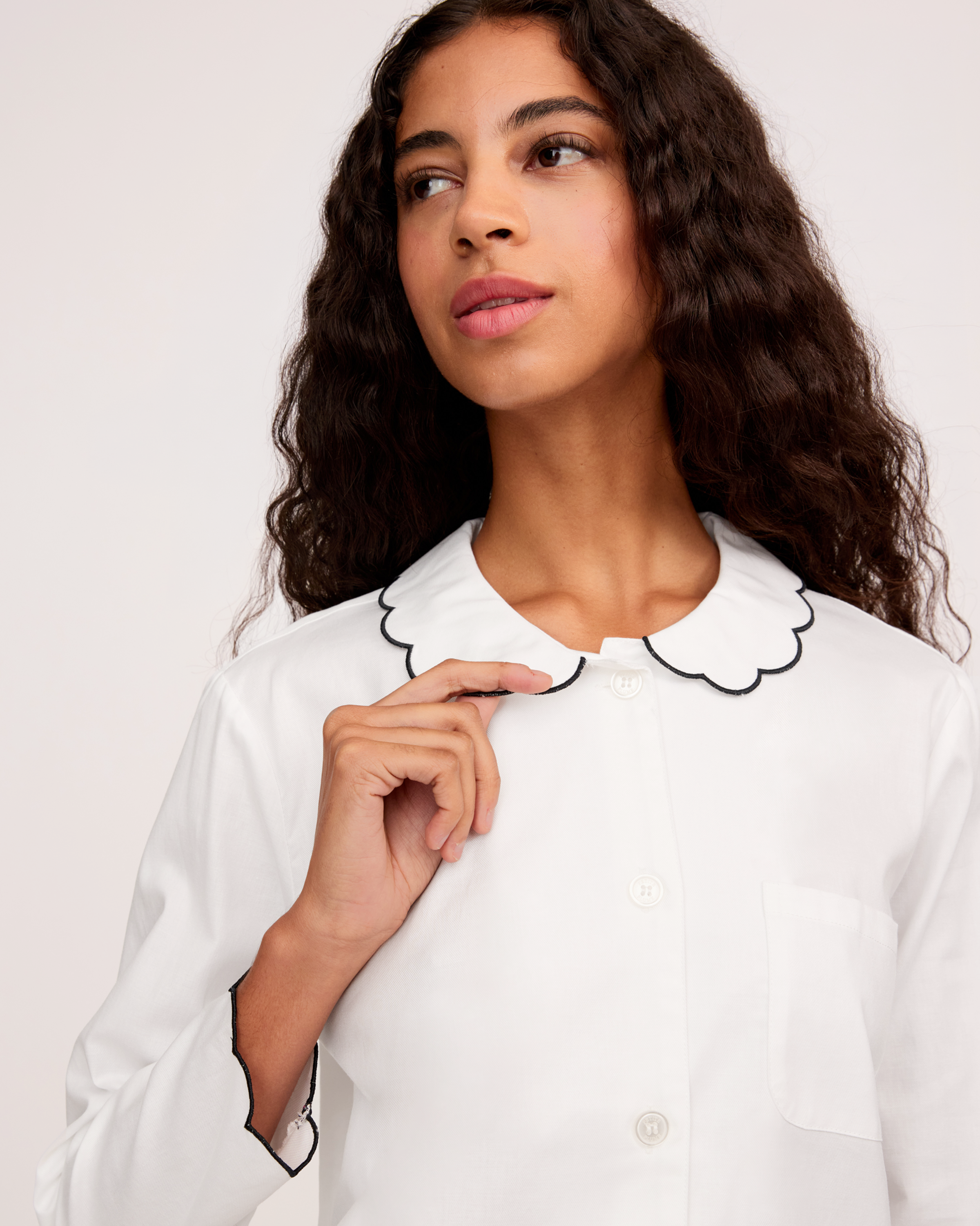 Women's Twill Colette Pajama Set in White with Navy Piping