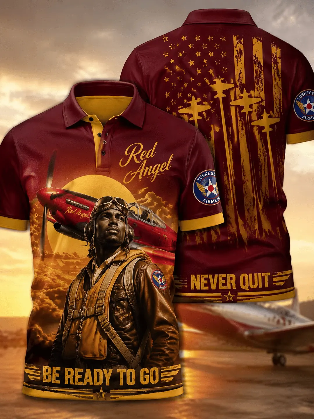 Men's Retro Red Tails Tuskegee AirmenAircraft Print Polo Shirt
