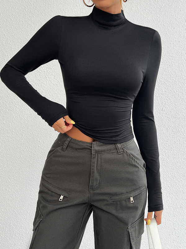 Solid Color Long Sleeves Skinny High Neck T-Shirts Tops