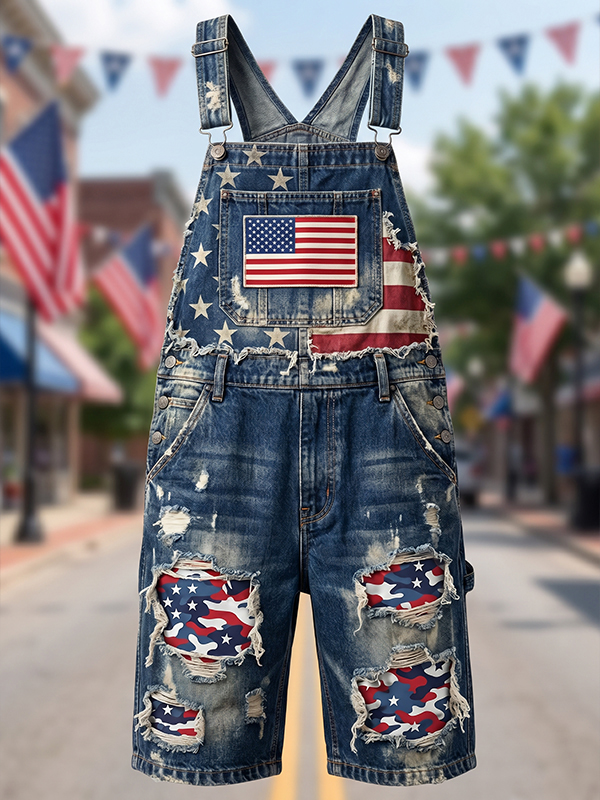 Men's Vintage American Flag Camo Patchwork Print Shorts Overalls