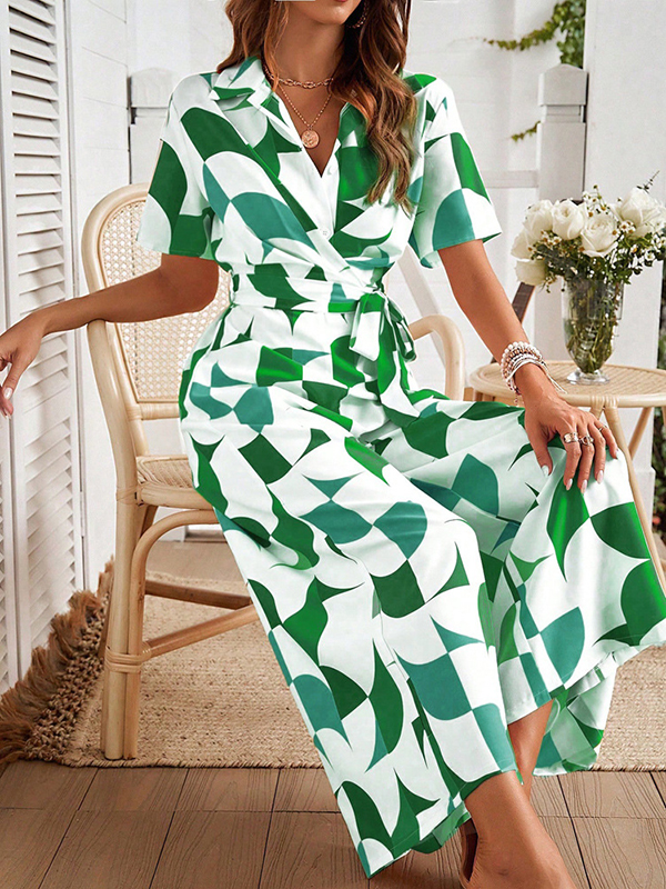 Buttoned Contrast Color Tied Waist High Waisted Loose V-Neck Jumpsuits