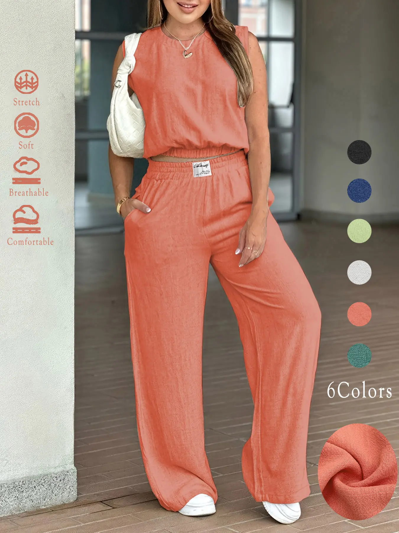 Women's 2-Piece Solid Color Tank Top & Wide Leg Pants Set