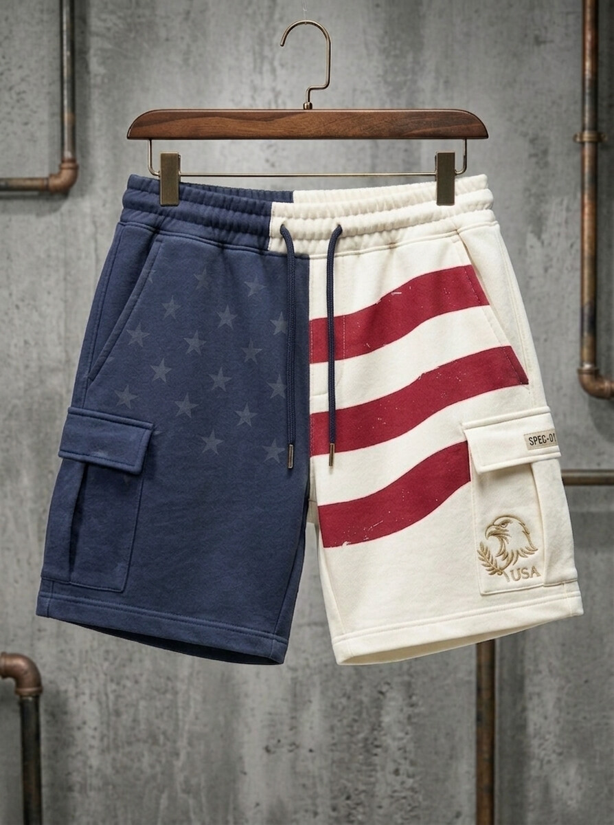 Men's Two-Tone USA Flag Eagle Print Drawstring Waist Shorts