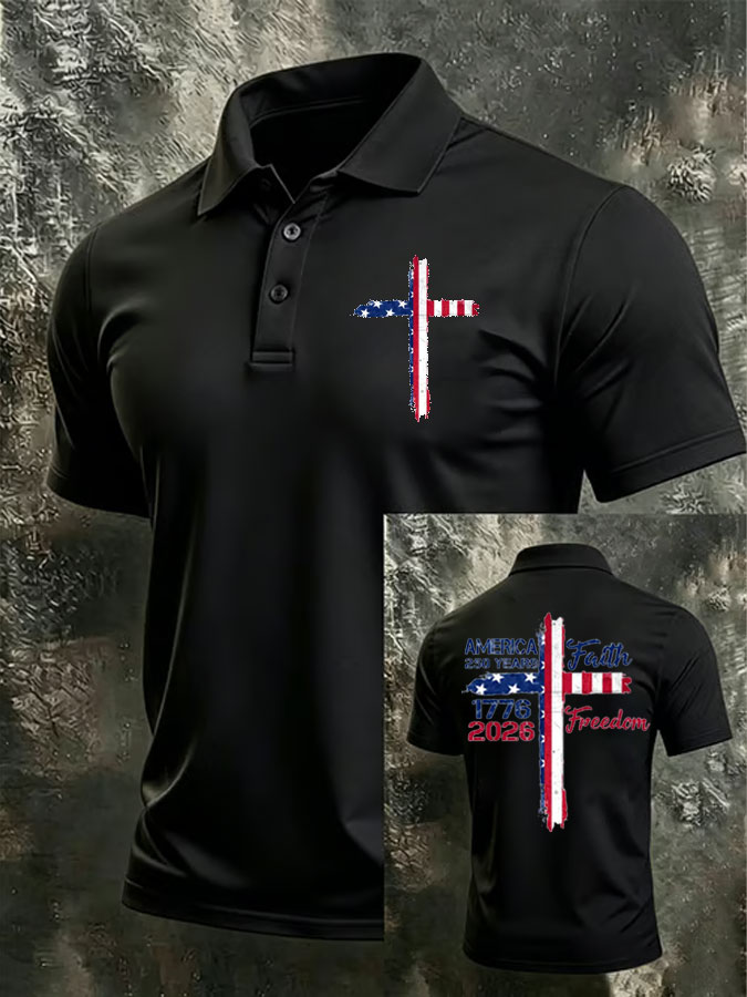 Men'S Flag Cross Print Casual Polo Shirt