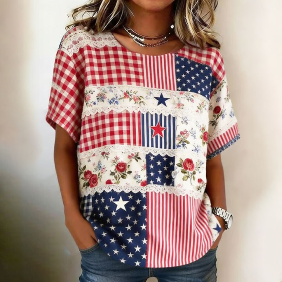 Women's Retro American Independence Day Commemorative Printed Round Neck Short Sleeve T-shirt