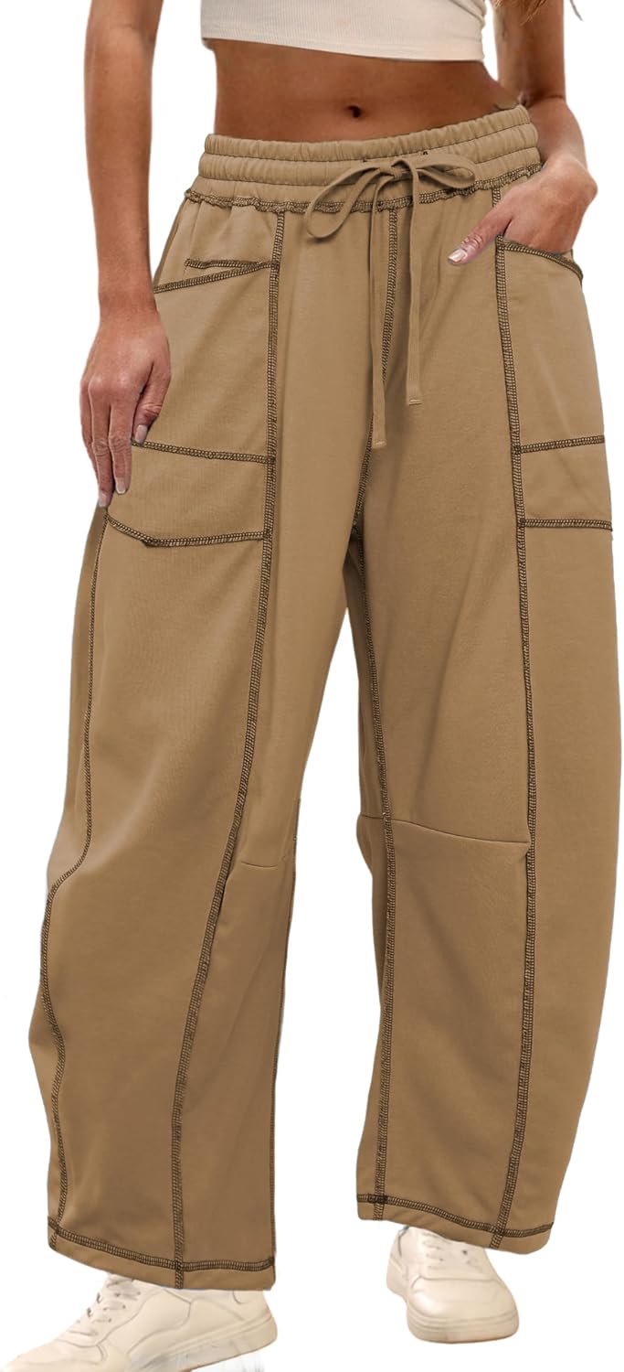 Womens Baggy Barrel Pants Wide Leg Lounge Drawstring Sweatpants with Pockets