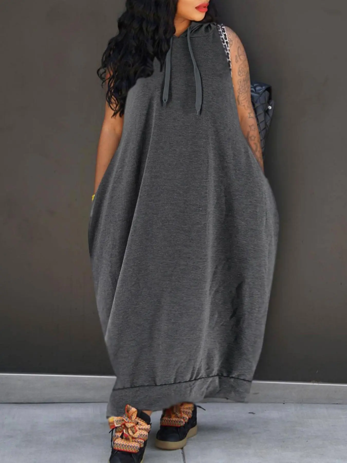 Women's Plain Drawstring Hoodie Tank Dress with Pocket for Summer