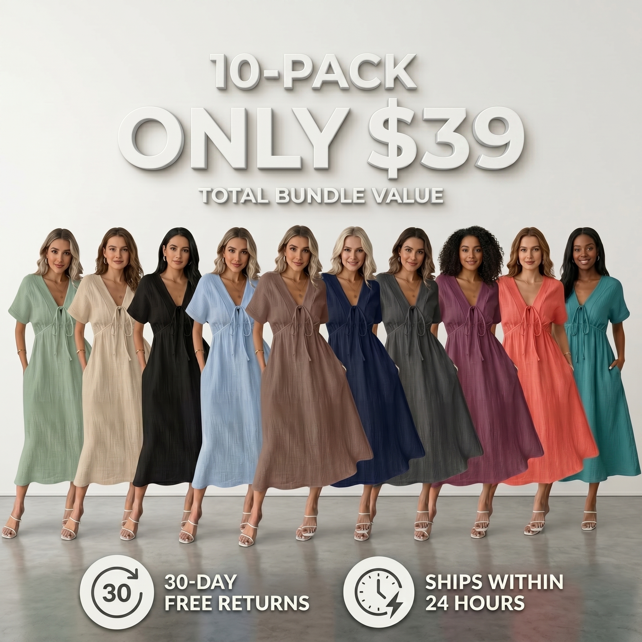 Women's Summer Solid-Color V-Neck Cotton Dress