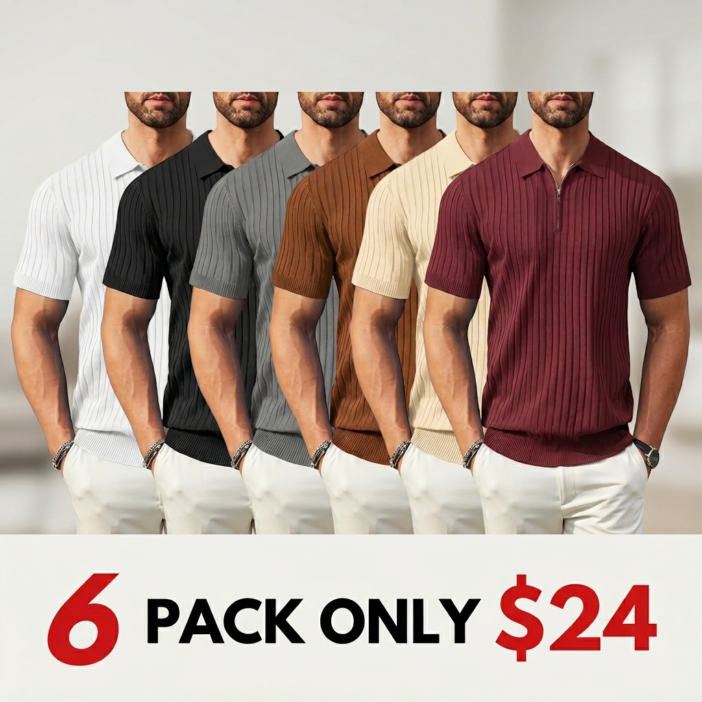Men's Zipper Polo Shirts Short Sleeve Ribbed Knit Polo T Shirts