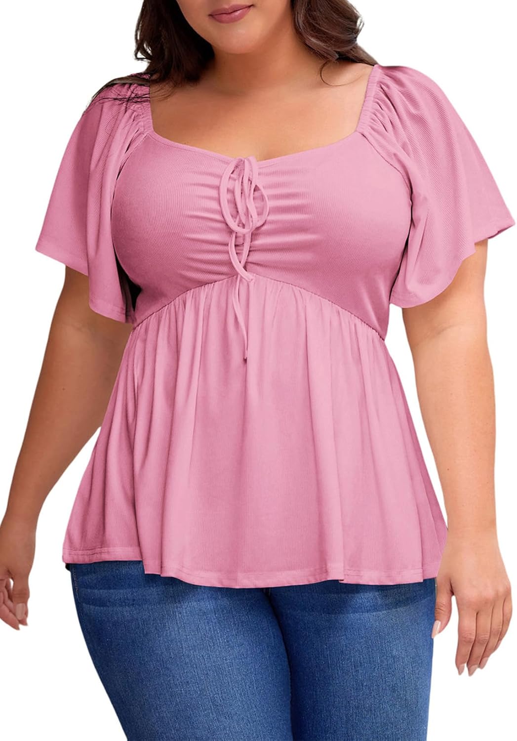 Womens Plus Size Tops Short Sleeve Sweetheart Neck Shirred Peplum Blouse Shirts