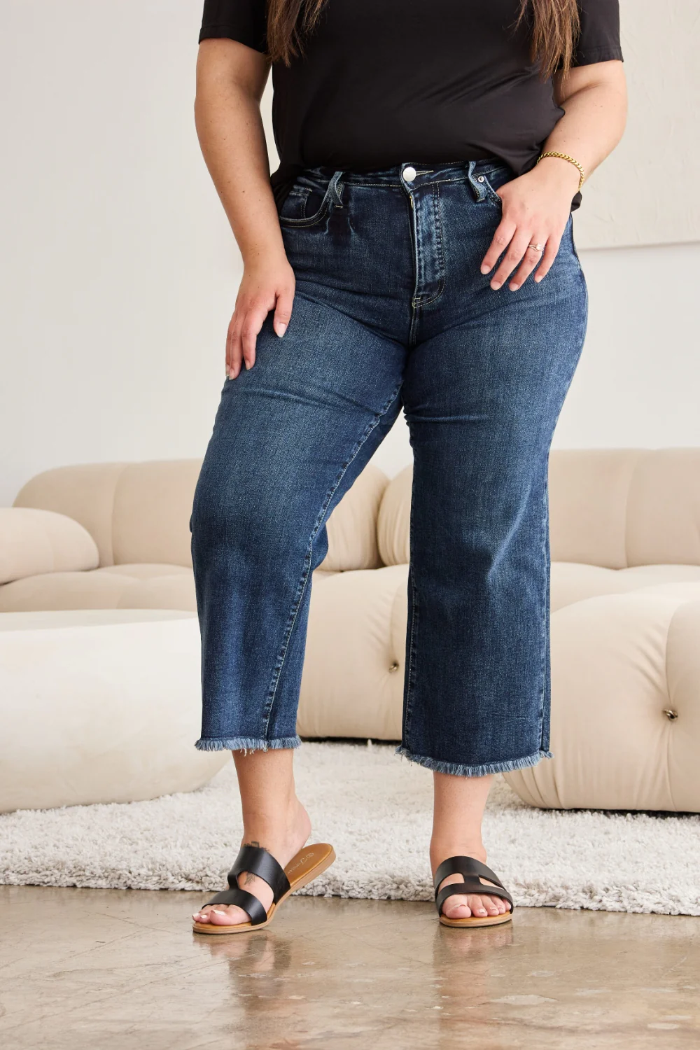 Full Size Tummy Control High Waist Raw Hem Distressed Jeans