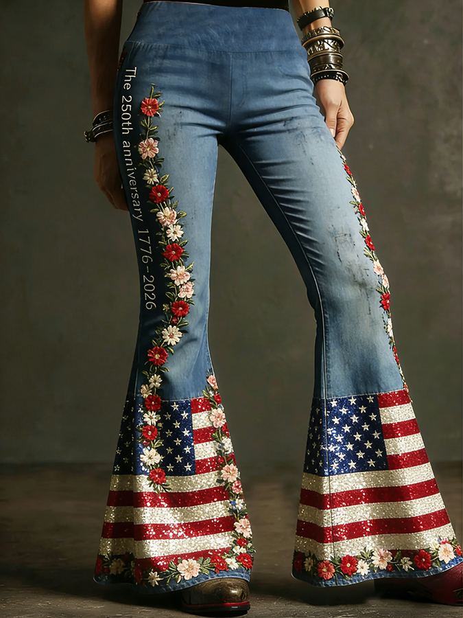 Ladies' Casual American Floral Denim Fabric Flared Pants