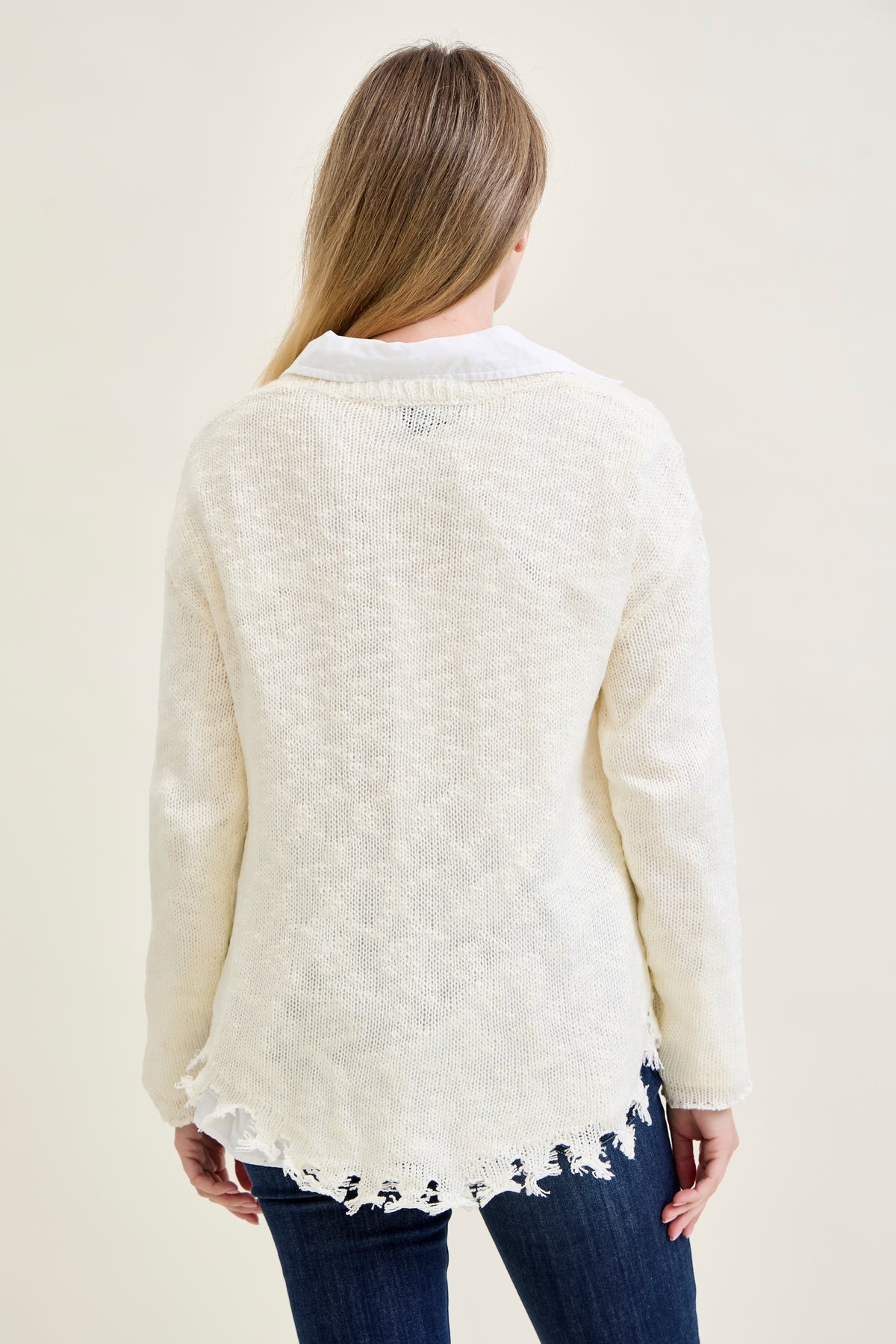 Cable Front Fringe Pullover White Sweater