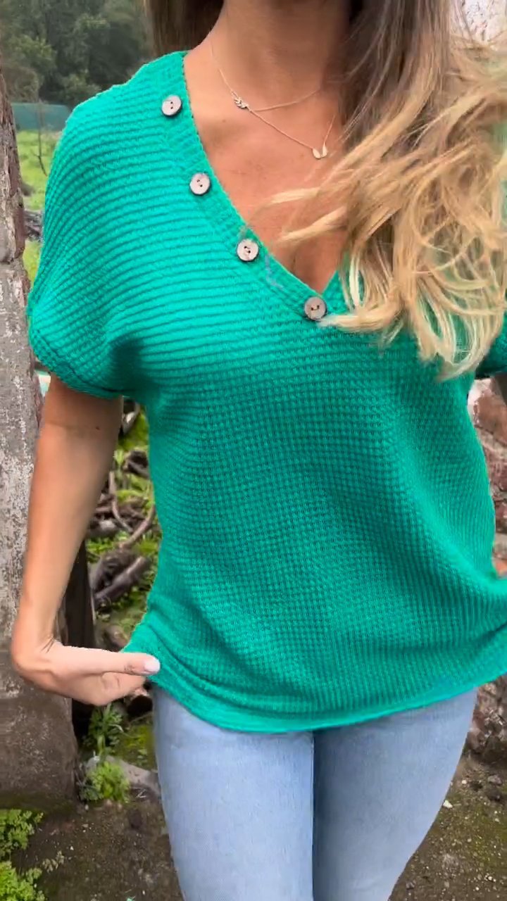 Women Summer Casual Knitted Cotton and Linen V-neck Top