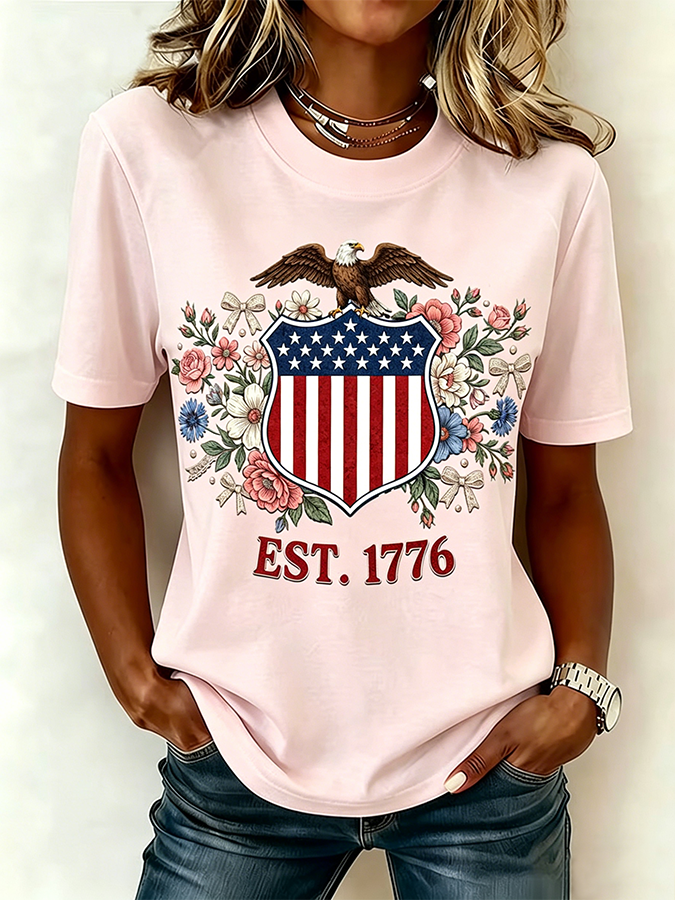 Ladies' Casual 250Th Anniversary Celebration Of The Founding Of The United States, Personalized Floral Print Round Neck T-Shirt