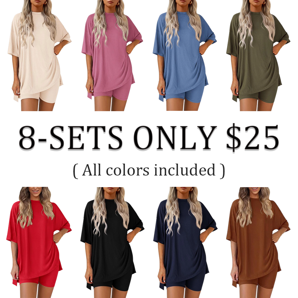Women’s Oversized Lounge Set-Breathable Crewneck Top & Pocket Shorts