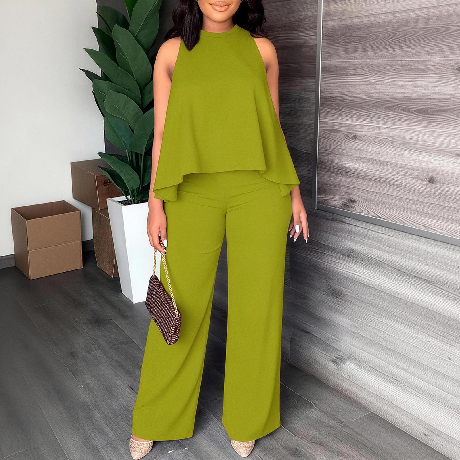 Women's Spring/Summer Two-Piece Set: Lightweight, Flowy Halter Top Paired with High-Waisted Wide-Leg Trousers