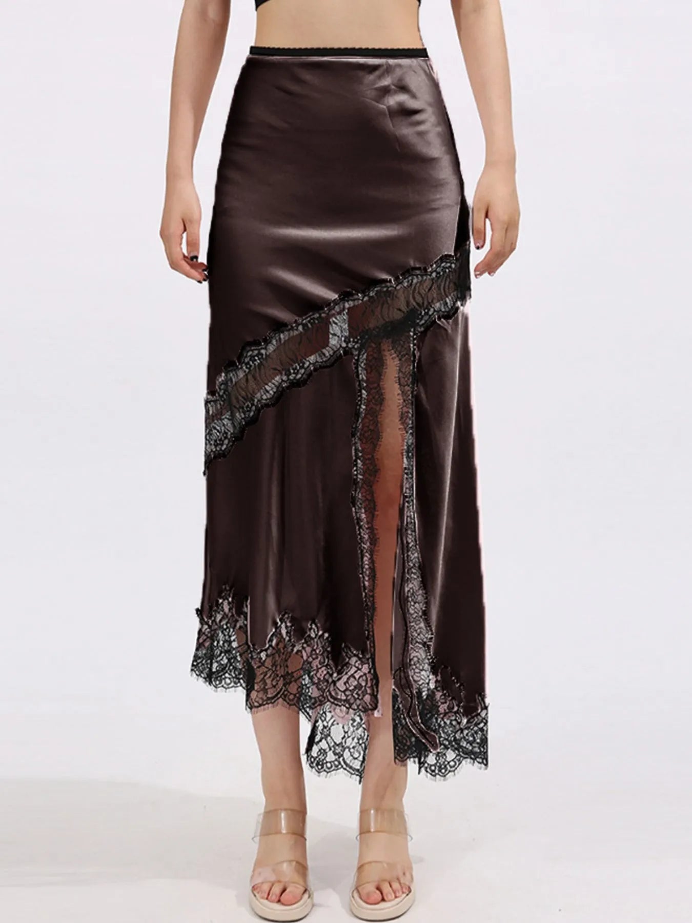 Lace Trim Asymmetrical Midi Skirt