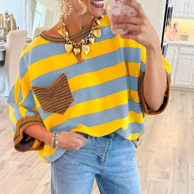 Women's Striped Drop Shoulder Cotton T-Shirt – Loose Fit Half Sleeve Pocket Blouse