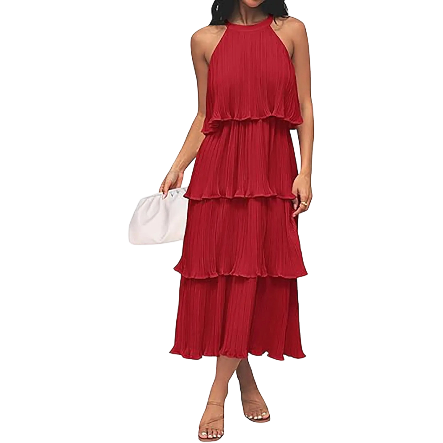Women's Halter Neck Tiered Ruffle Chiffon Midi Dress