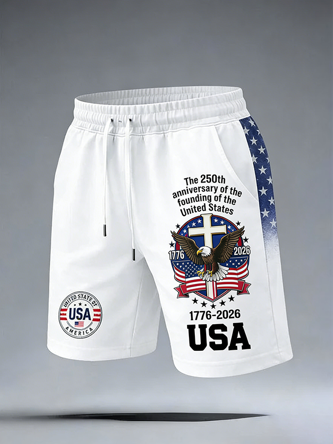 Neutral casual American founding celebration flag personalized printed shorts