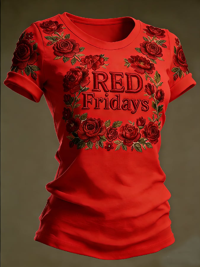 Women's Casual Red Friday Print Short-Sleeve T-Shirt