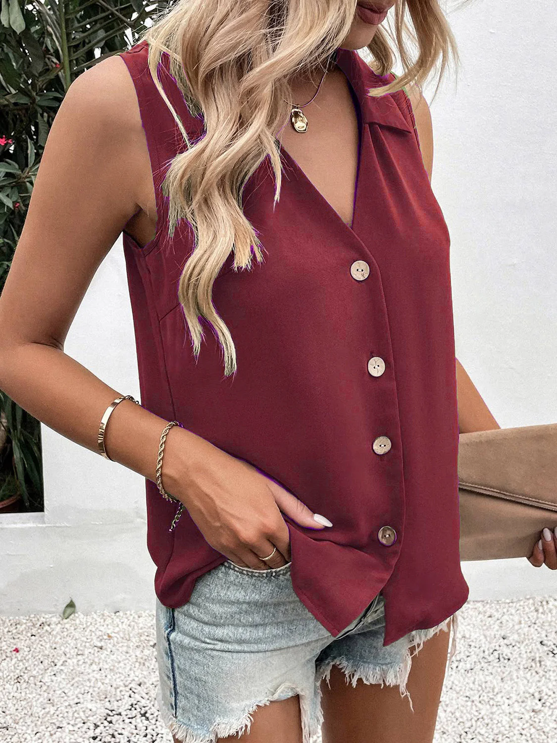 Rise & Shine Full Size Johnny Collar Button Up Tank