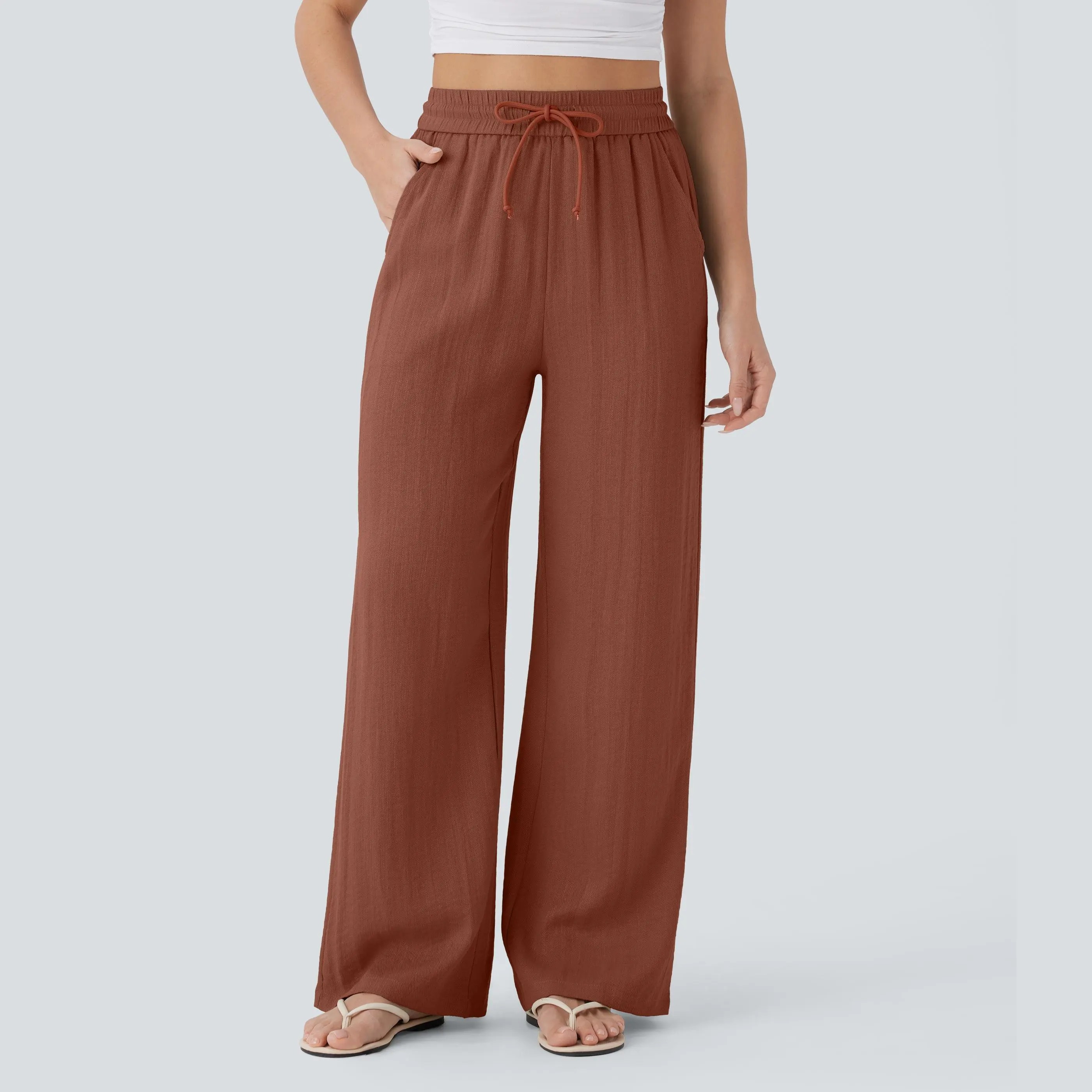 Women's High Waisted Wide Leg Pants – Linen-Feel Casual Drawstring with Pockets