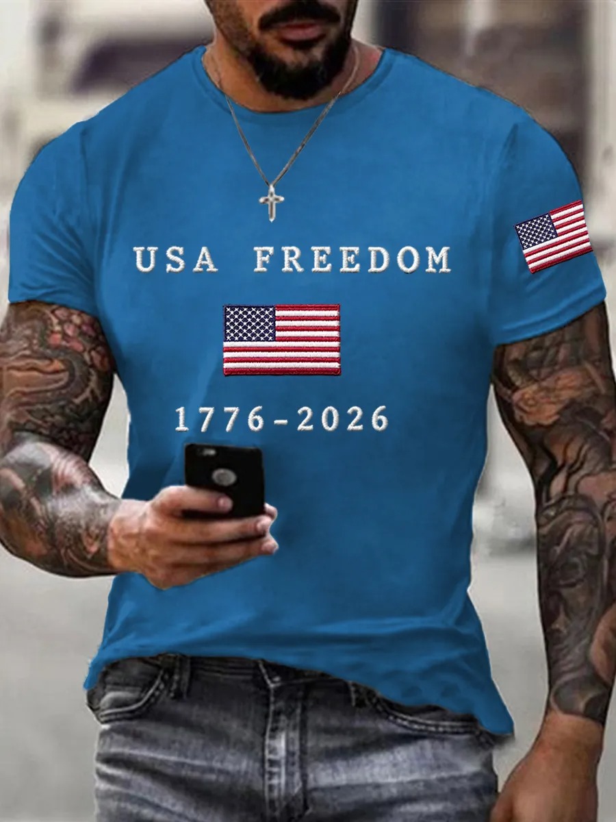 Men's American Free American Flag Printed Casual Independence Day Patriotic T-shirt