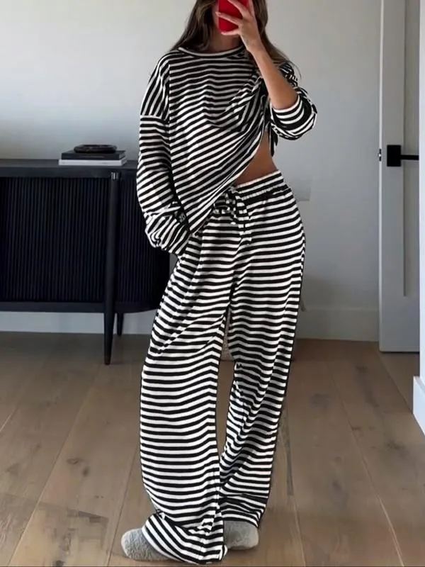 Women's Casual Striped Long Sleeve Top & Pants Set