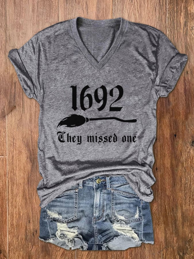 Women's 1692 They Missed One Salem Witch Print V-Neck T-Shirt