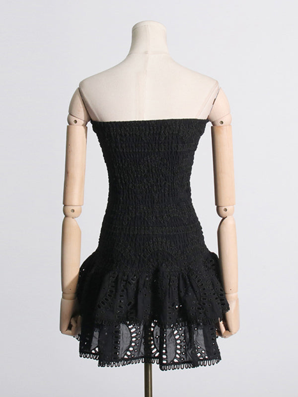 Embroidered Tube Top Dress With Hollow Ruffles And Stitching Design A-Line Skirt