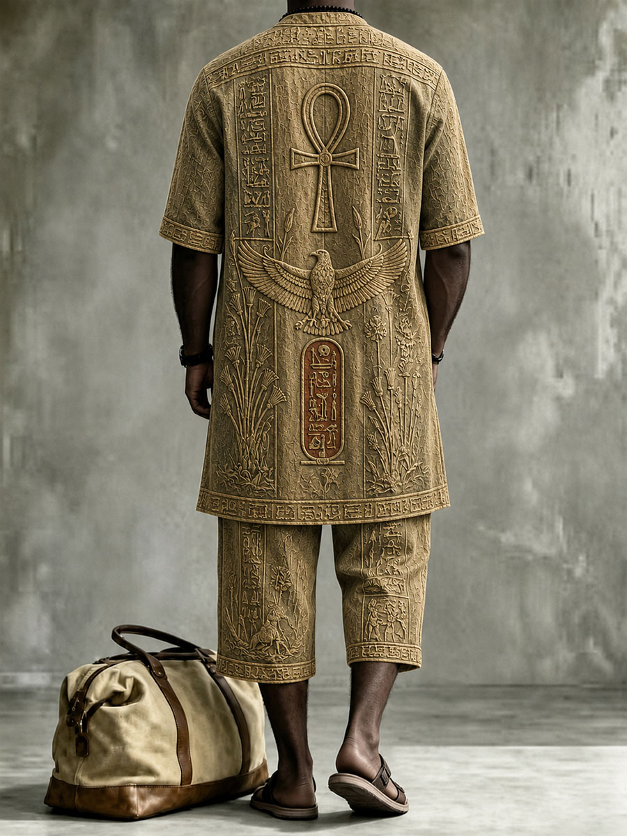 Ancient Egyptian Totem Embossed Men’s Short Sleeve Shirt & Shorts Set
