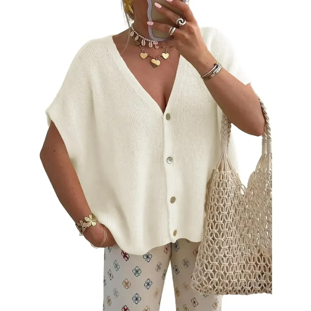 Womens Fall Oversized Cardigans Batwing Short Sleeve Lightweight Button V Neck Casual Knit Sweater Tops