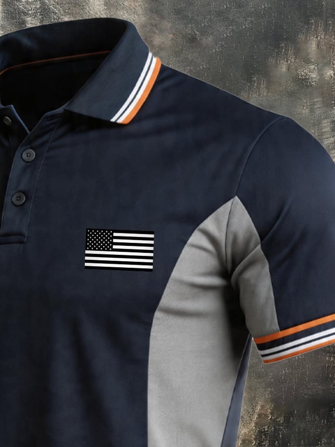 Men's Retro Patriotic Color-Block Short-Sleeve Polo Shirt