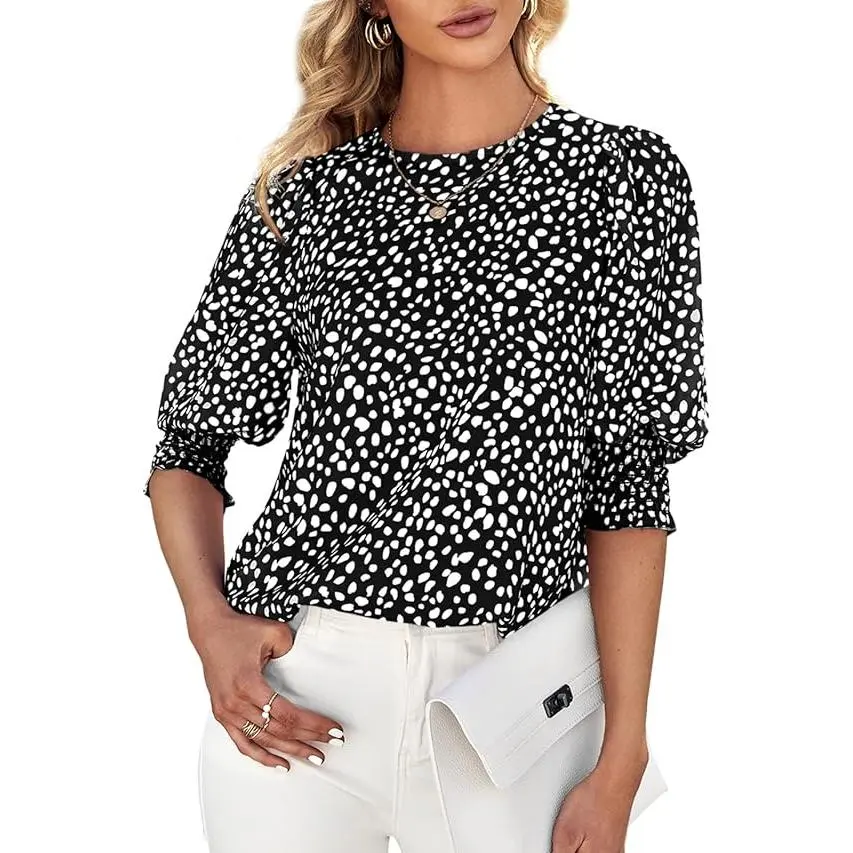 Women's Polka Dot 3/4 Sleeve Blouse Tops Ladies Casual Office Work Crew Neck T-Shirt