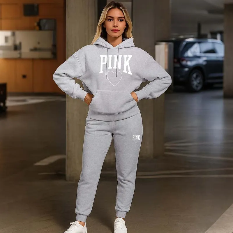 Women's Pink Heart Print Hair And Sunglasses Hoodie And Drawstring Track Pants Set