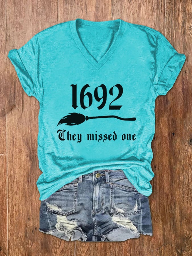 Women's 1692 They Missed One Salem Witch Print V-Neck T-Shirt