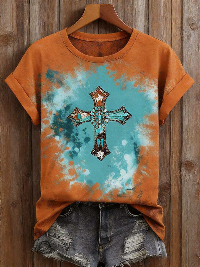 Vintage Western Cross Art Print Casual Short Sleeve T-shirt