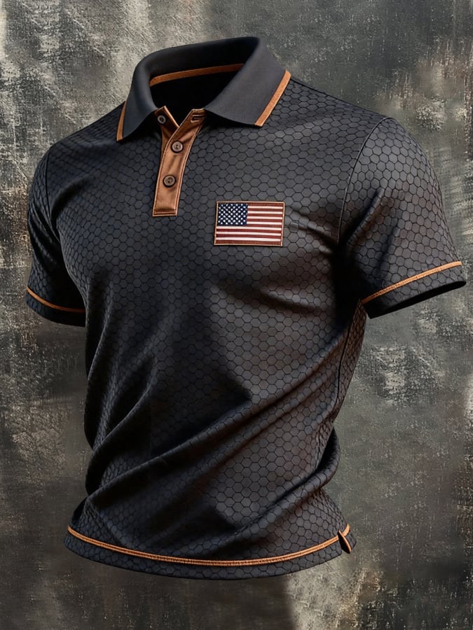 Men's Retro Patriotic Color-Block Short-Sleeve Polo Shirt