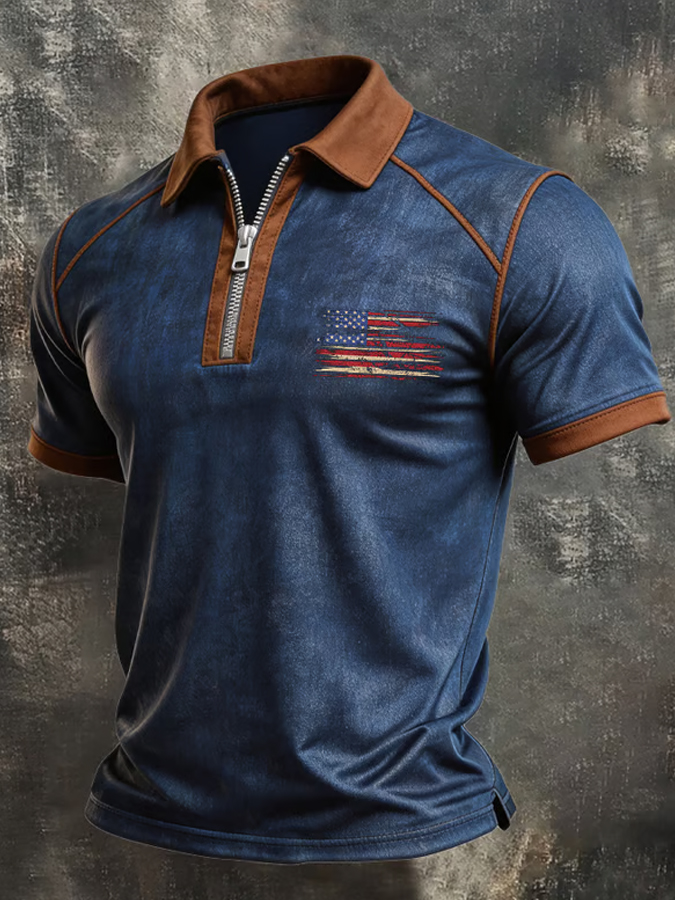 Men'S Retro Patriot Short Sleeve Half Zipper Polo Shirt